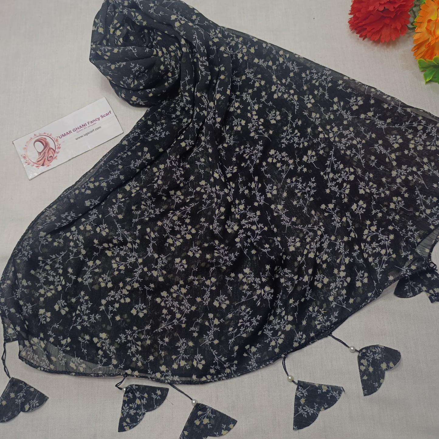 Premium Printed Georgette Heart Tussles Hijab Scarf