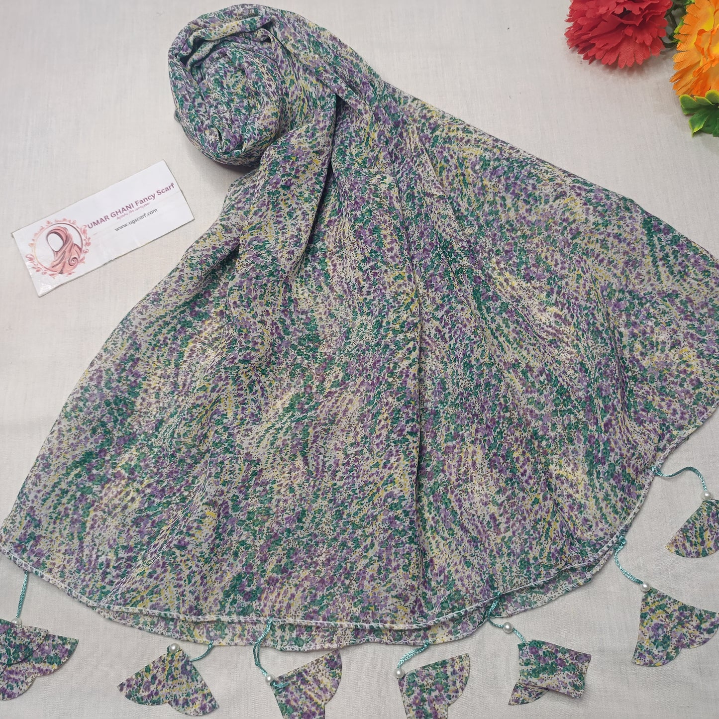 Premium Printed Georgette Heart Tussles Hijab Scarf