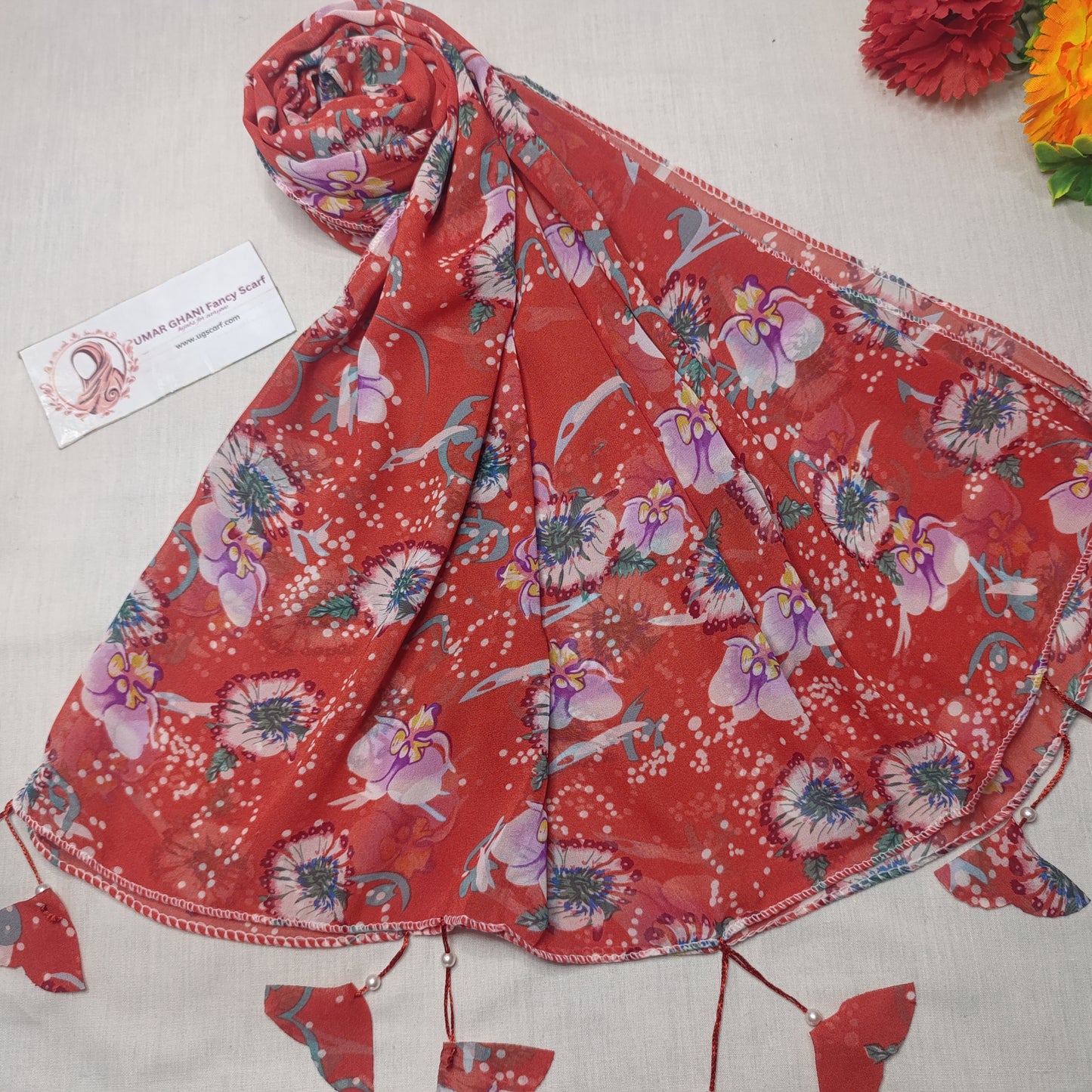 Premium Printed Georgette Heart Tussles Hijab Scarf