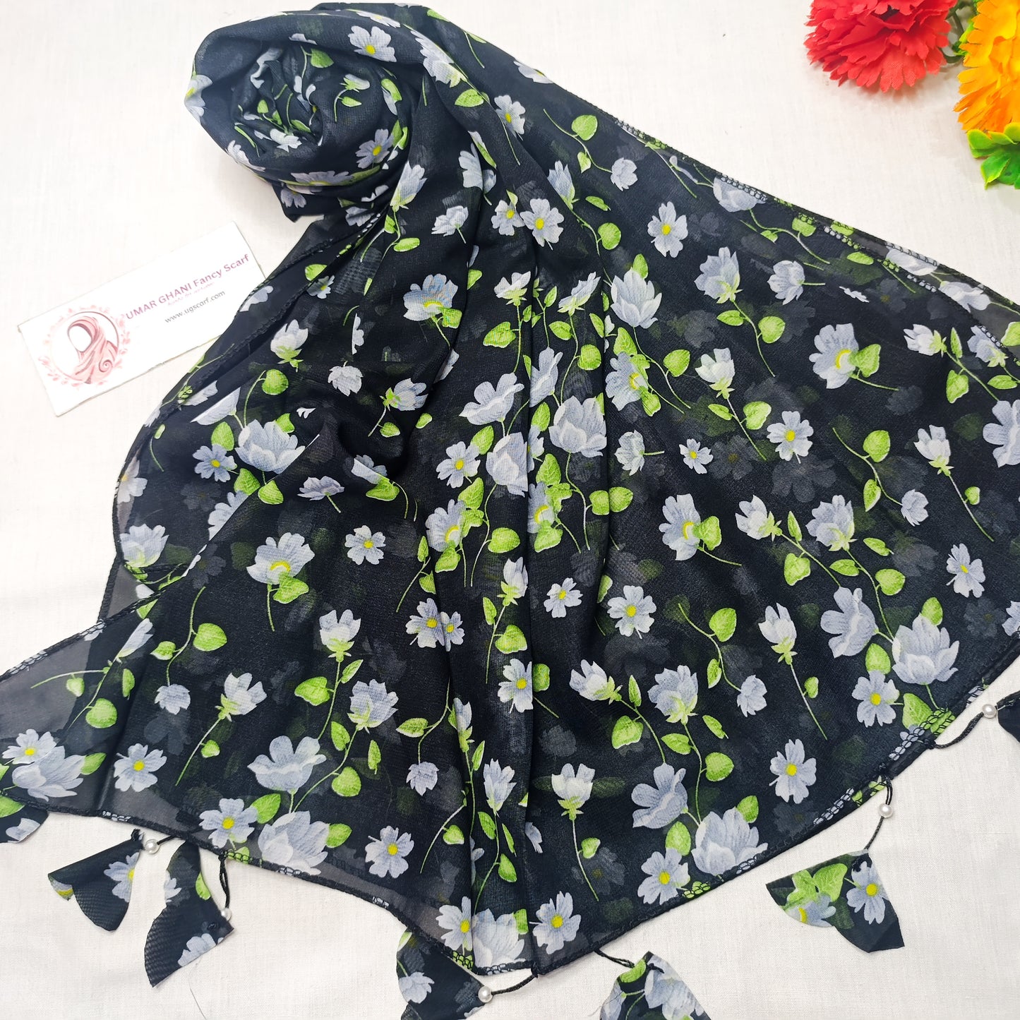 Premium Printed Georgette Heart Tussles Hijab Scarf