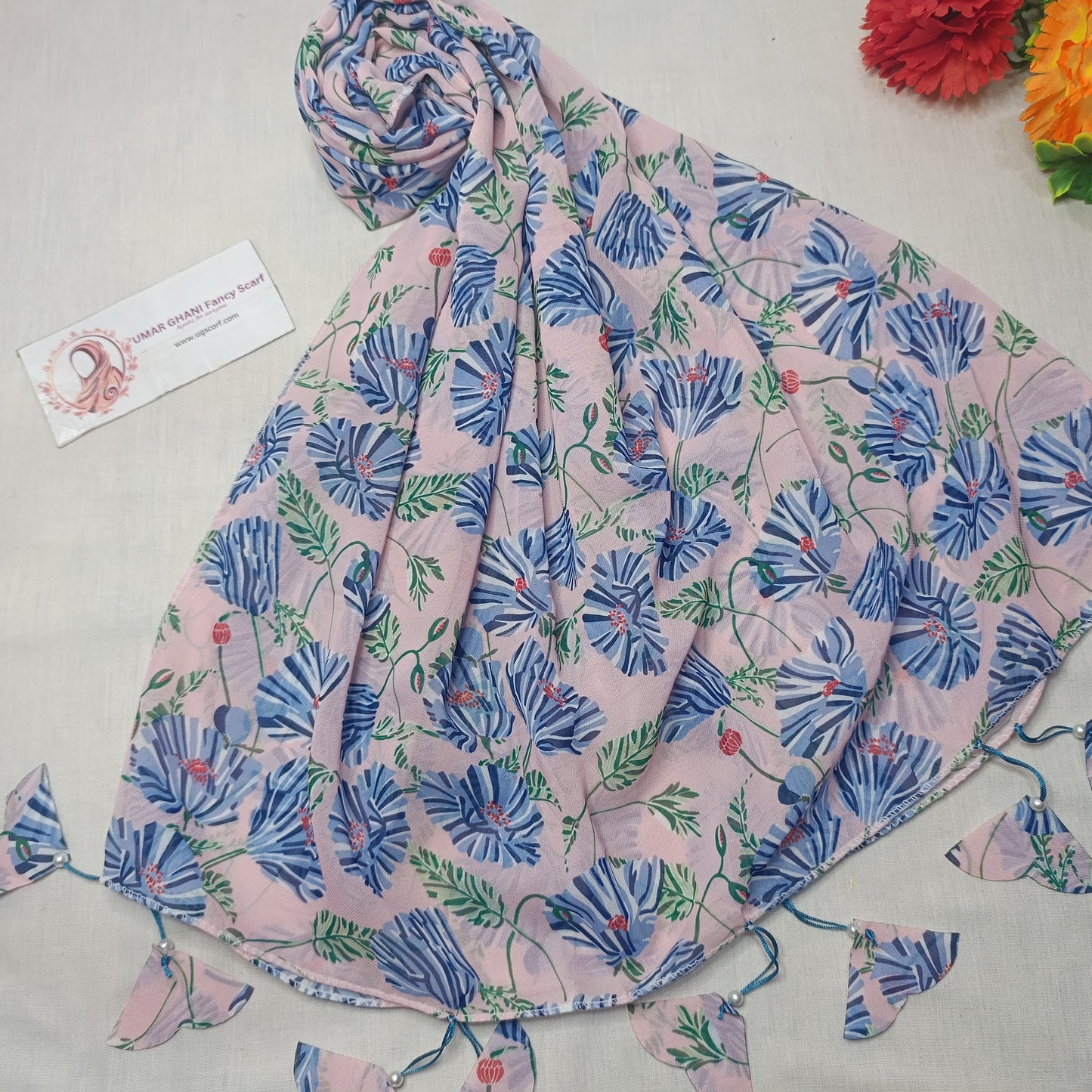 Premium Printed Georgette Heart Tussles Hijab Scarf