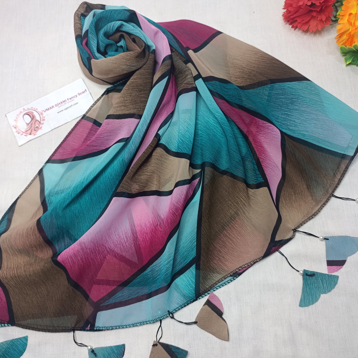 Premium Printed Georgette Heart Tussles Hijab Scarf