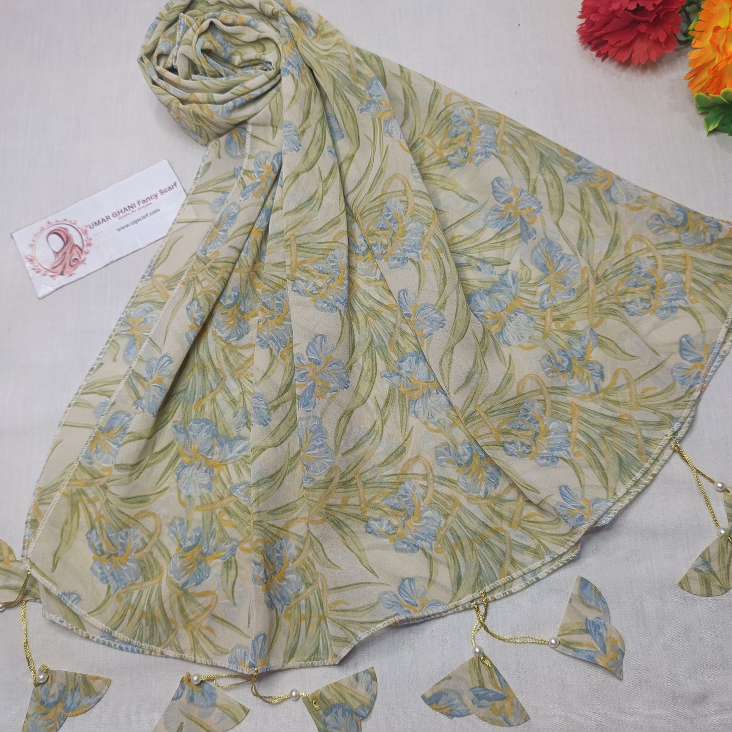 Premium Printed Georgette Heart Tussles Hijab Scarf