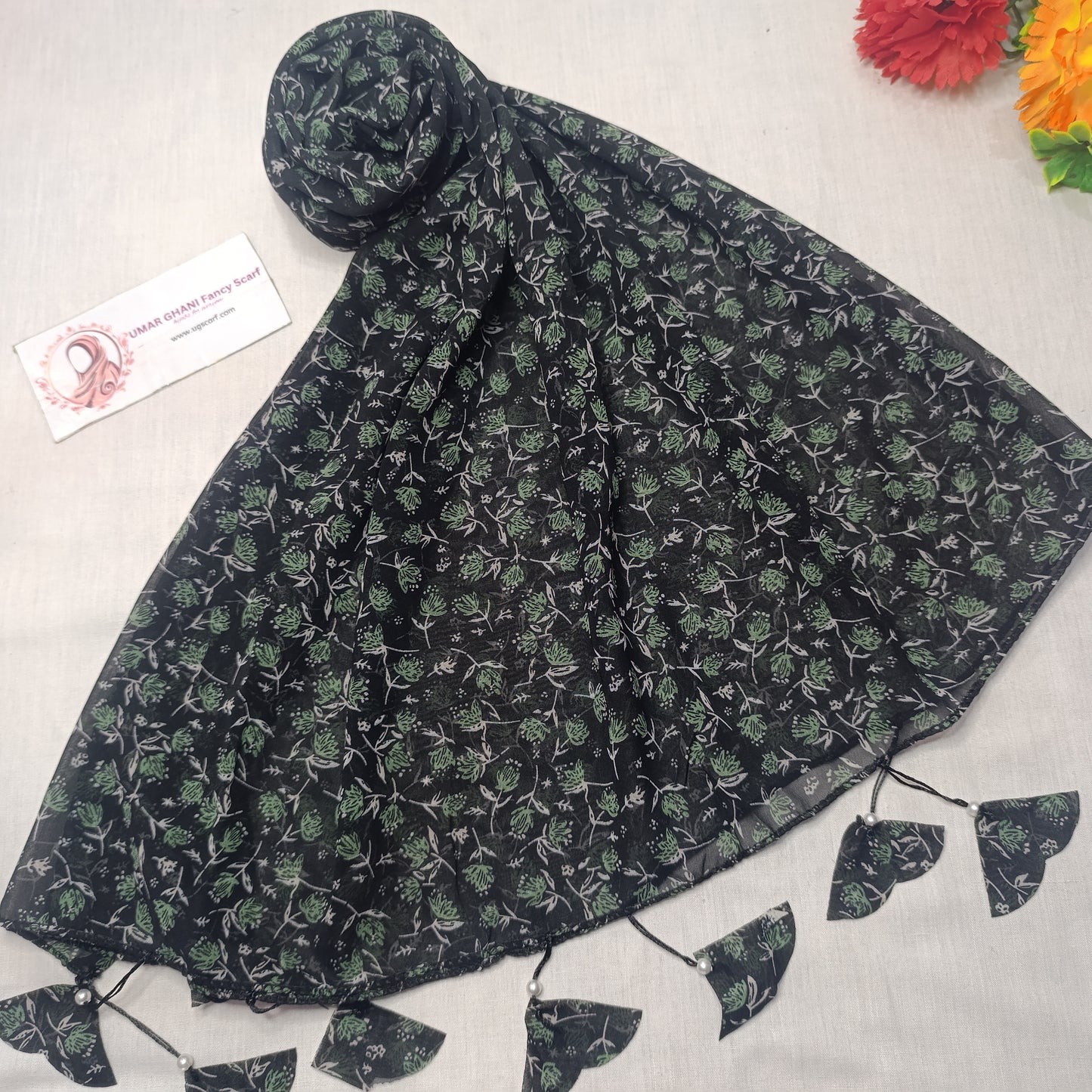 Premium Printed Georgette Heart Tussles Hijab Scarf