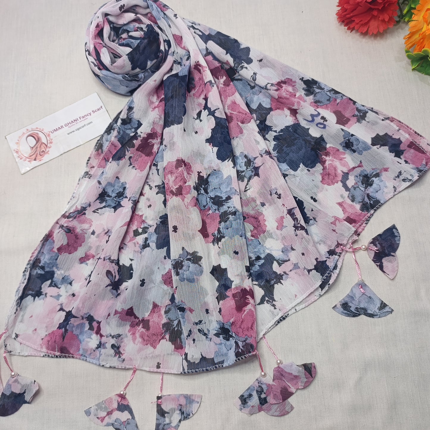 Premium Printed Georgette Heart Tussles Hijab Scarf