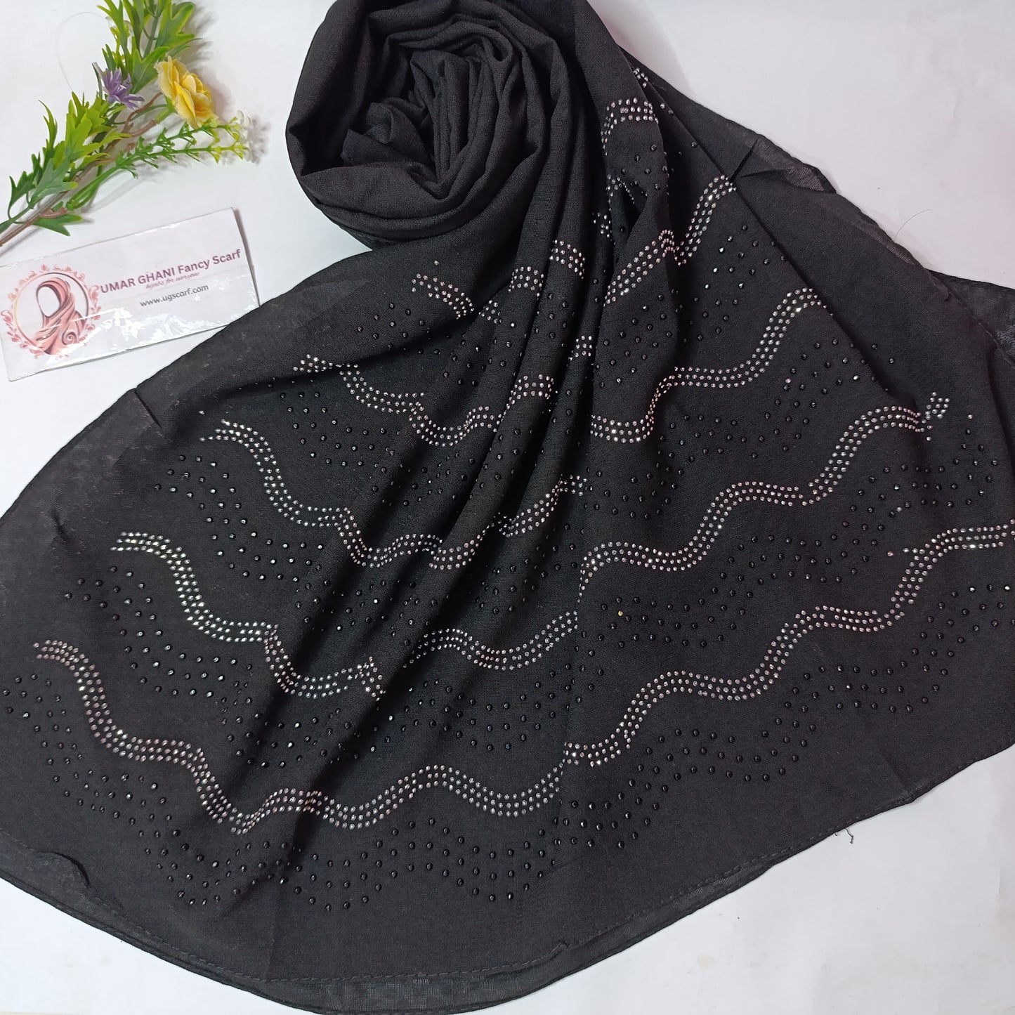 Imported Black Chiffon Stone Works Hijab Scarf