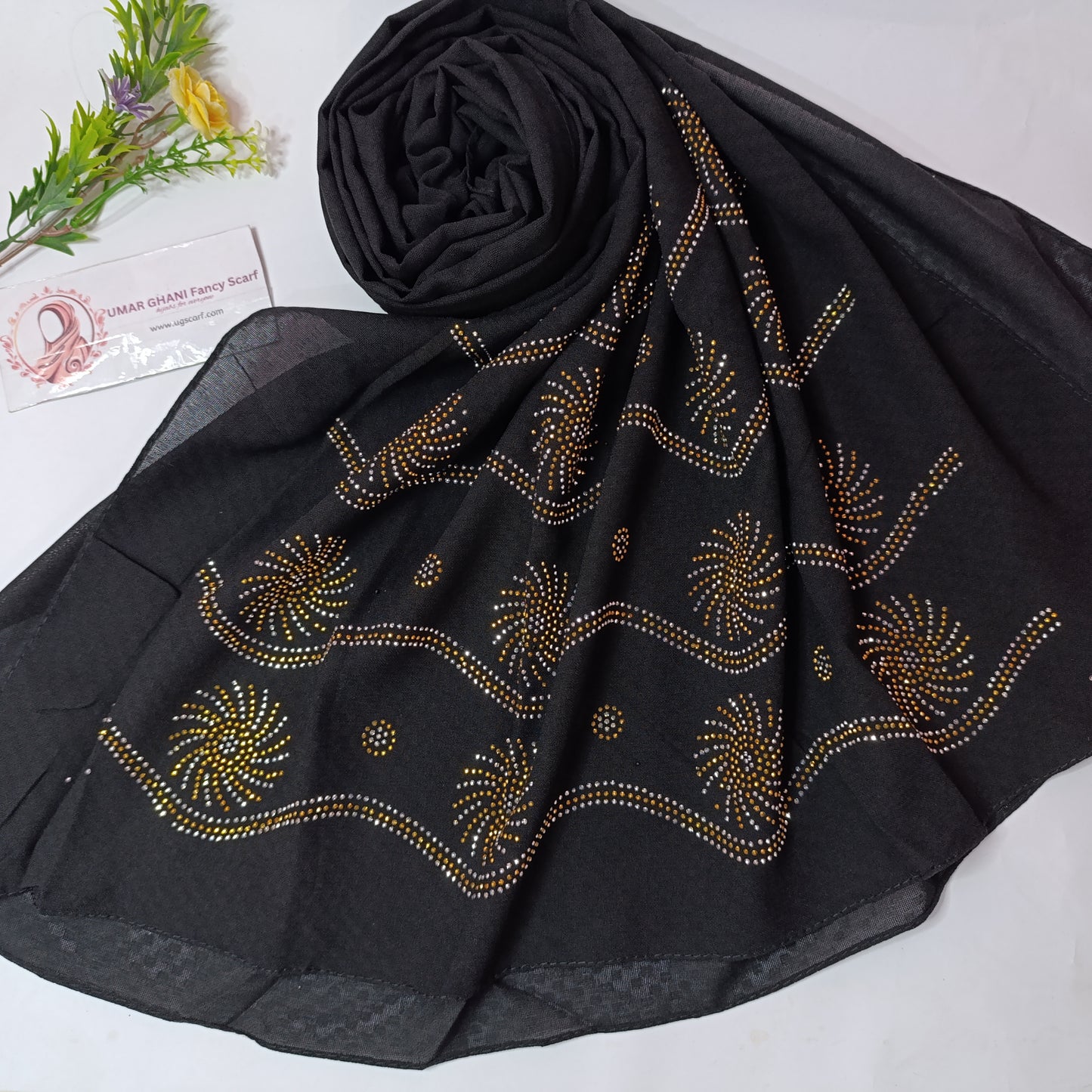 Imported Black Chiffon Stone Works Hijab Scarf