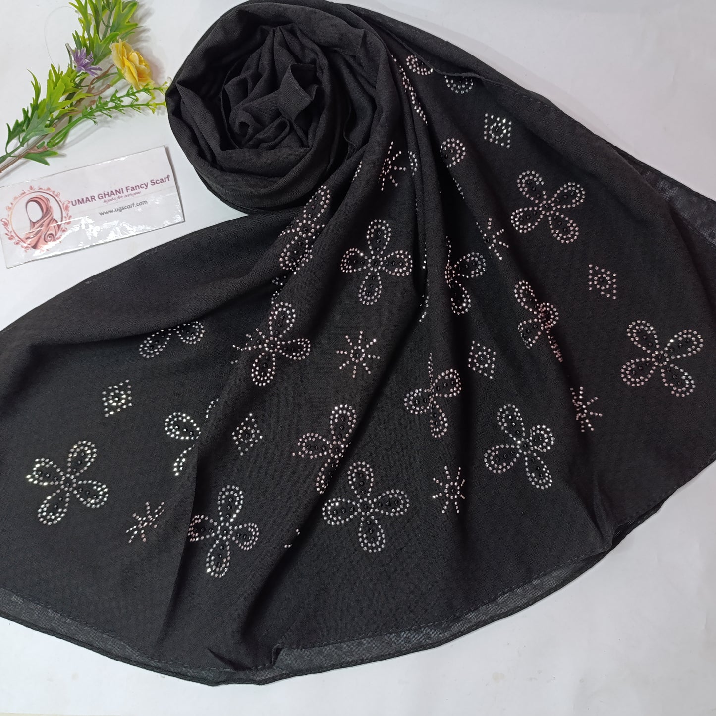 Imported Black Chiffon Stone Works Hijab Scarf