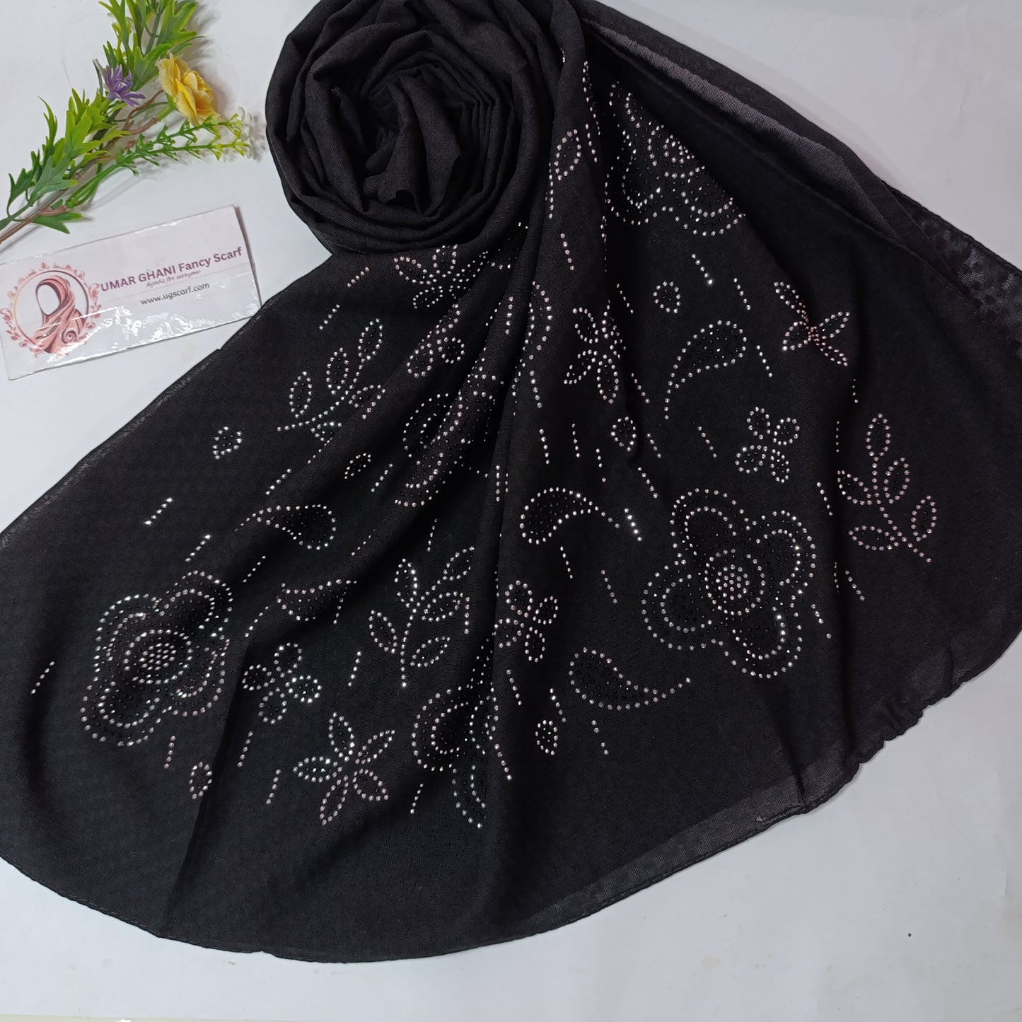 Imported Black Chiffon Stone Works Hijab Scarf