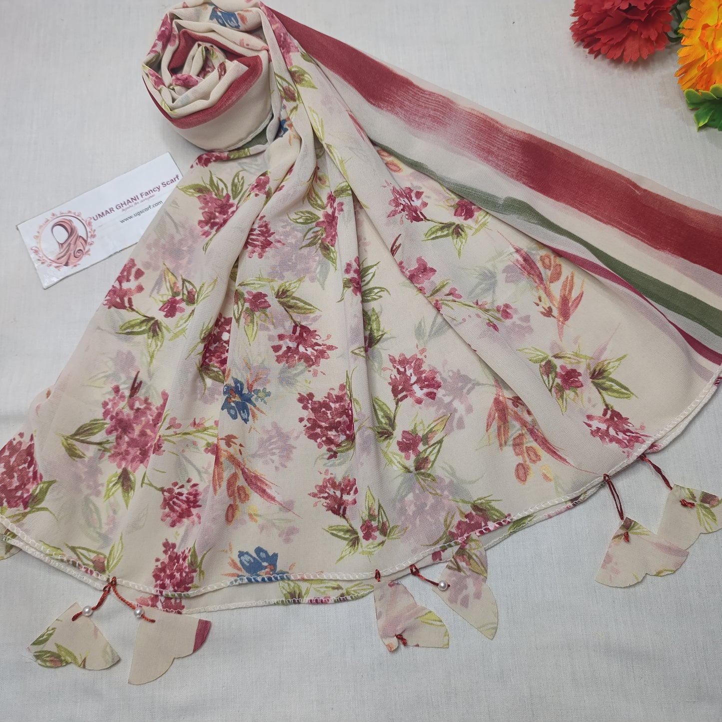 Premium Printed Georgette Heart Tussles Hijab Scarf
