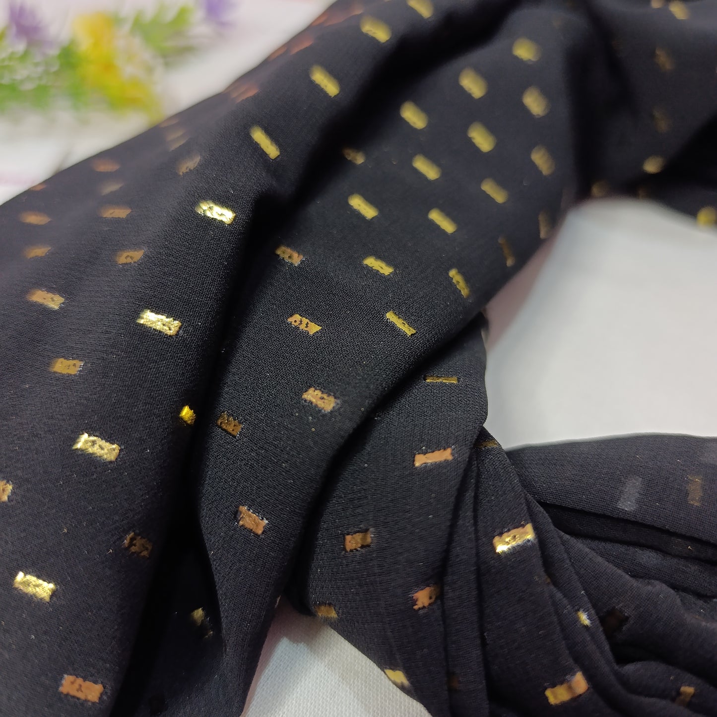 Black Imported Chiffon Georgette Fancy Golden Embossed Hijab Scarf