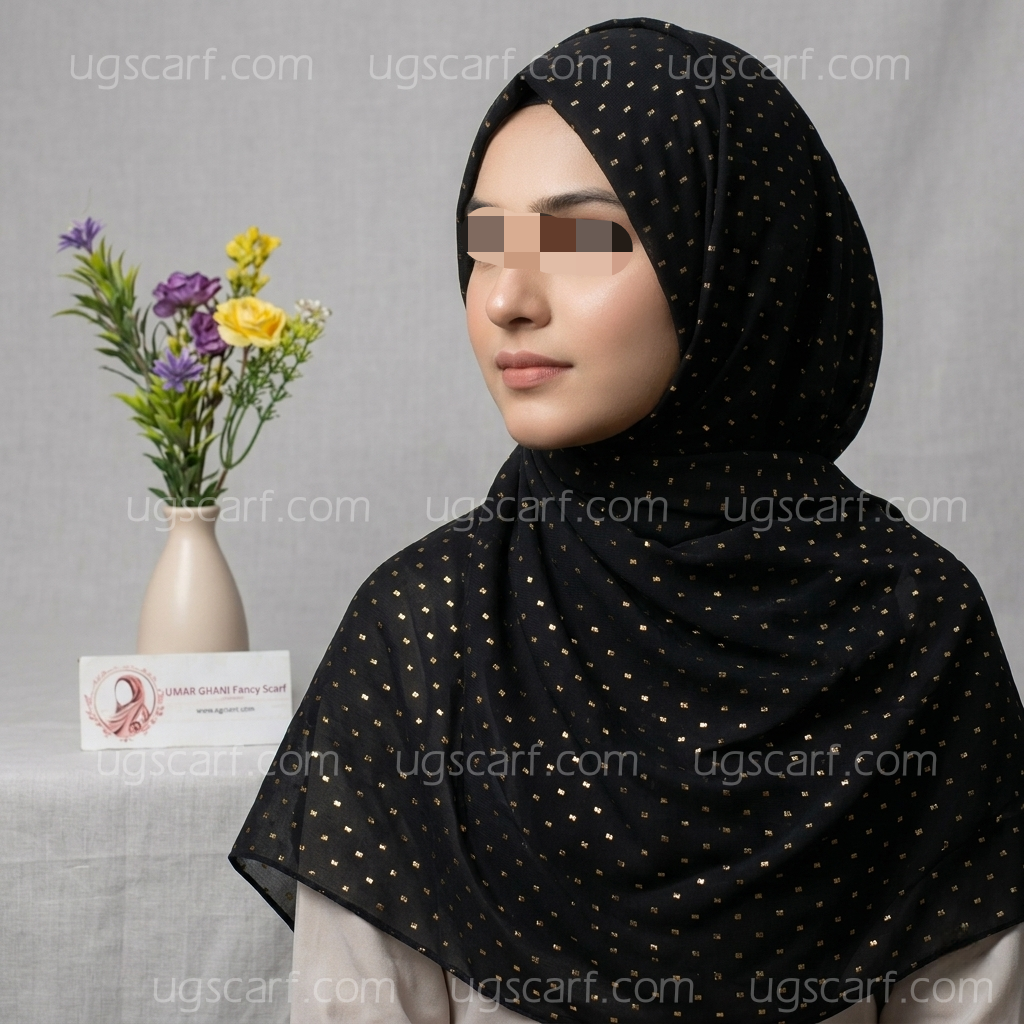 Black Imported Chiffon Georgette Fancy Golden Embossed Hijab Scarf