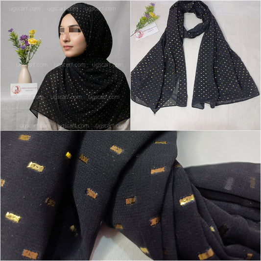 Black Imported Chiffon Georgette Fancy Golden Embossed Hijab Scarf